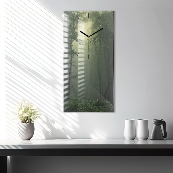 Vertikální skleněné hodiny Mlžný les po ránu