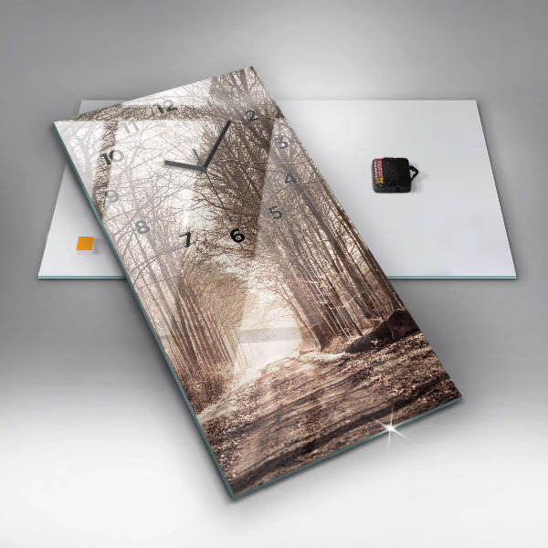 Vertikální skleněné hodiny Lesní cesta v sépiové barvě