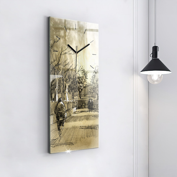 Vertikální skleněné hodiny Park a stromy v sépiové barvě
