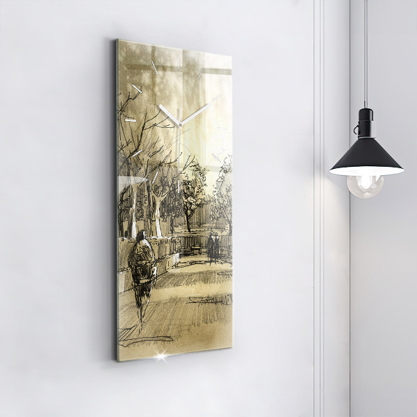Vertikální skleněné hodiny Park a stromy v sépiové barvě
