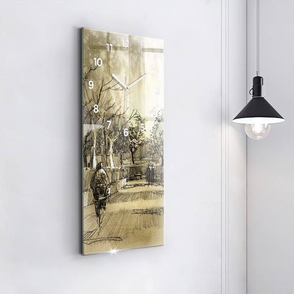 Vertikální skleněné hodiny Park a stromy v sépiové barvě