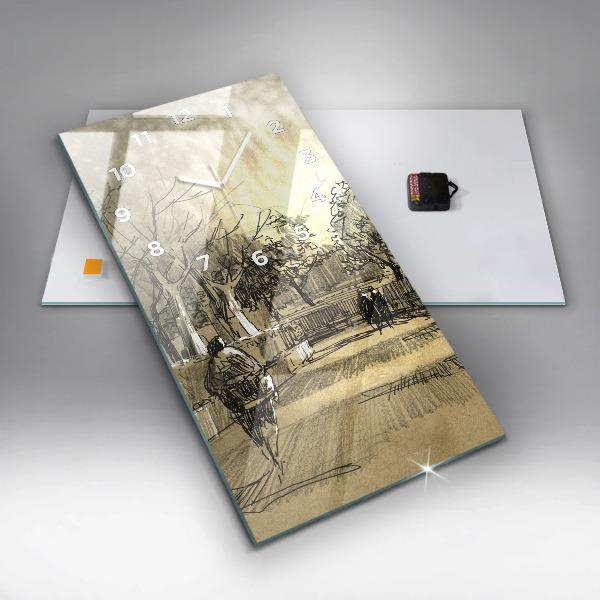 Vertikální skleněné hodiny Park a stromy v sépiové barvě