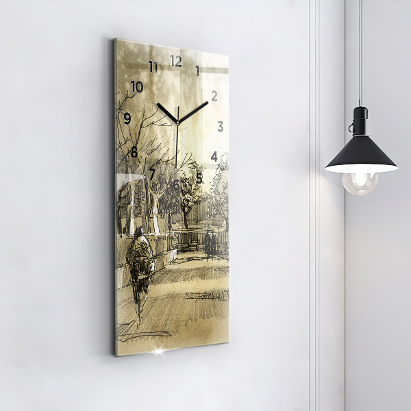 Vertikální skleněné hodiny Park a stromy v sépiové barvě