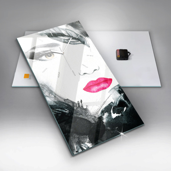 Vertikální skleněné hodiny Portrét ženy s červenými rty