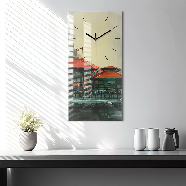 Vertikální skleněné hodiny Rybářská vesnice