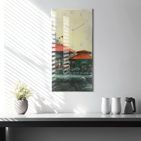 Vertikální skleněné hodiny Rybářská vesnice