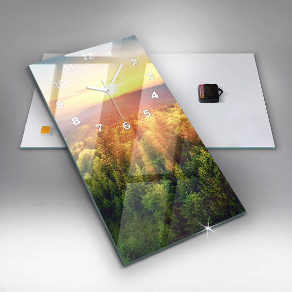 Vertikální skleněné hodiny Západ slunce nad kopci