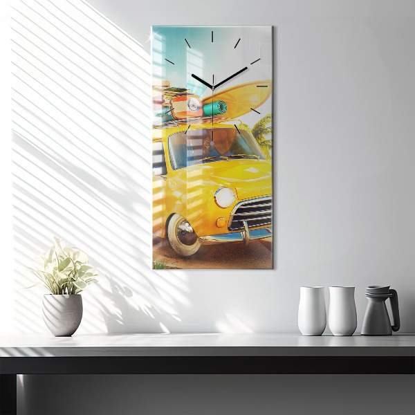 Vertikální skleněné hodiny Auto se surfovacím prknem