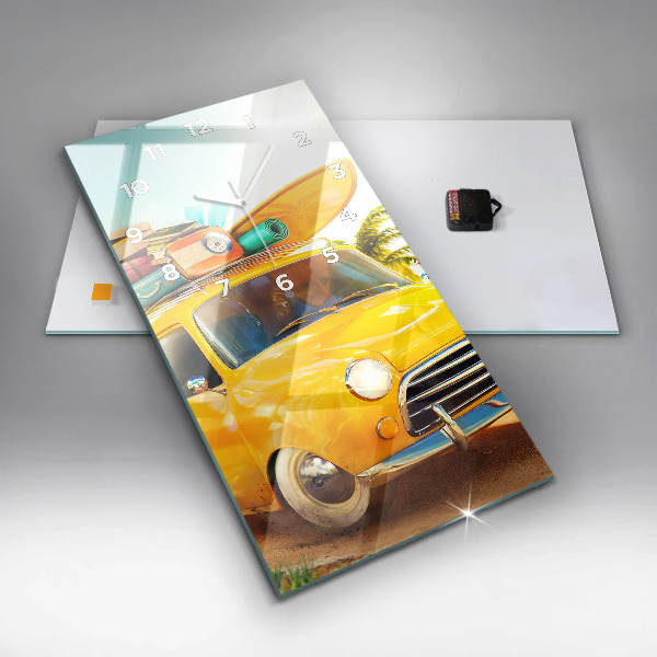 Vertikální skleněné hodiny Auto se surfovacím prknem