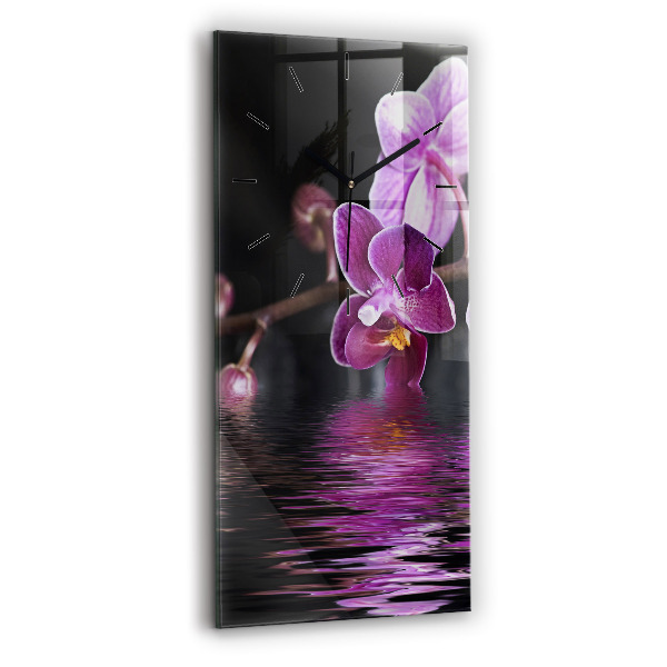 Vertikální skleněné hodiny Květ orchideje na vodě