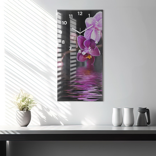 Vertikální skleněné hodiny Květ orchideje na vodě