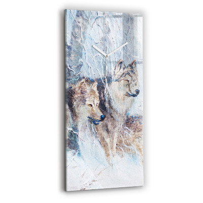 Vertikální skleněné hodiny Vlci v lese