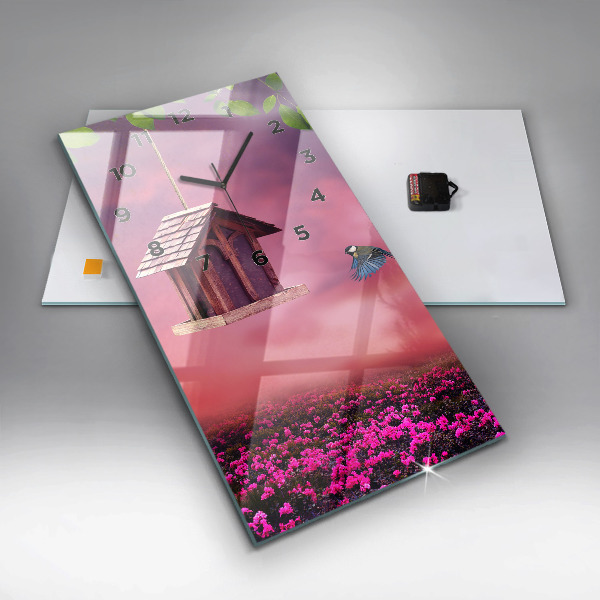 Vertikální skleněné hodiny Ptačí domek