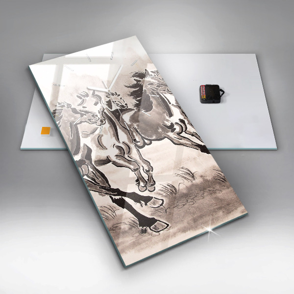 Vertikální skleněné hodiny Cválající koně