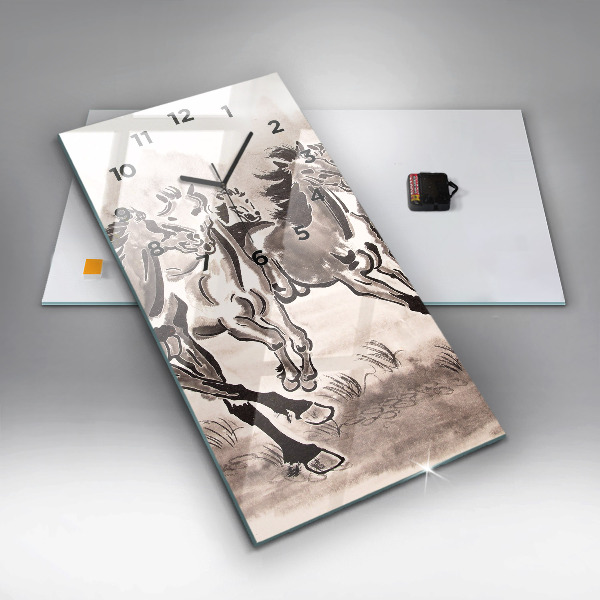 Vertikální skleněné hodiny Cválající koně