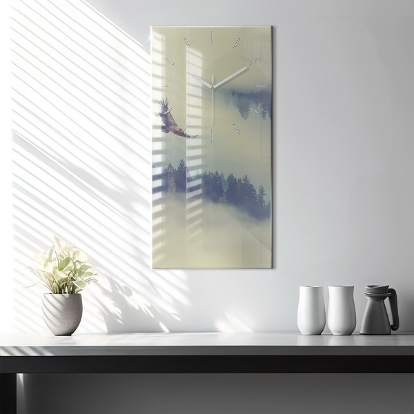 Vertikální skleněné hodiny Mlžný lesní orel