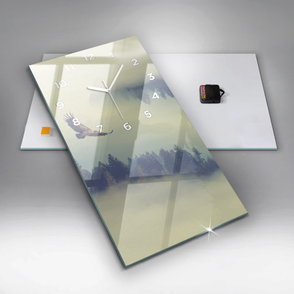 Vertikální skleněné hodiny Mlžný lesní orel