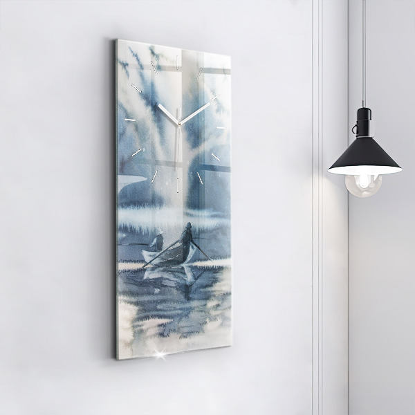 Vertikální skleněné hodiny Rybář na jezeře