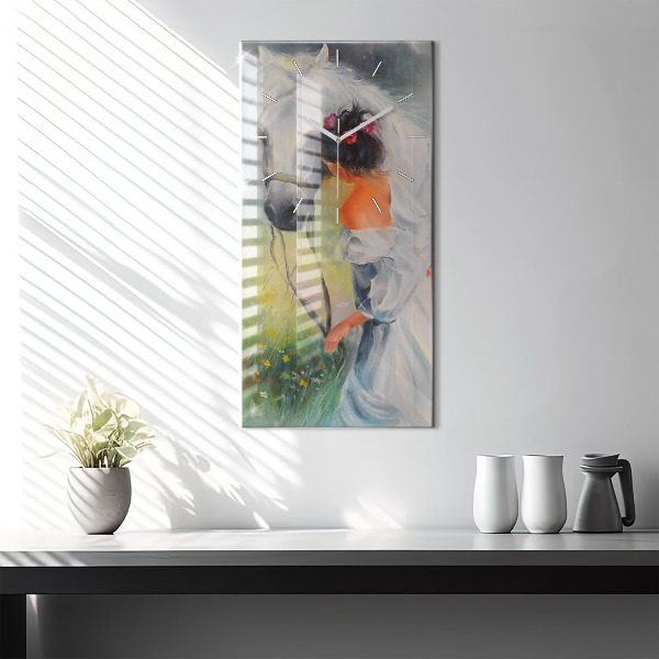 Vertikální nástěnné hodiny Krásná žena s koněm