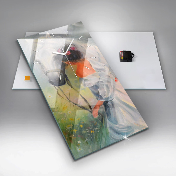 Vertikální nástěnné hodiny Krásná žena s koněm