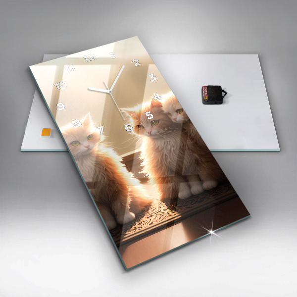 Vertikální skleněné hodiny Čtyři kočky na slunci