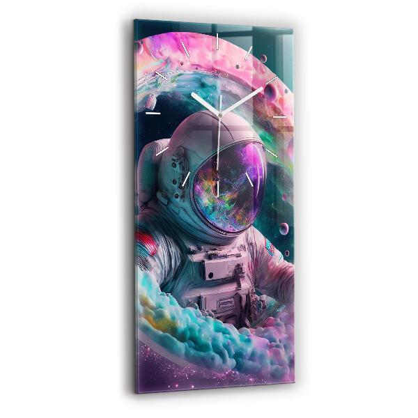 Vertikální skleněné hodiny Kosmonaut a barevné mraky