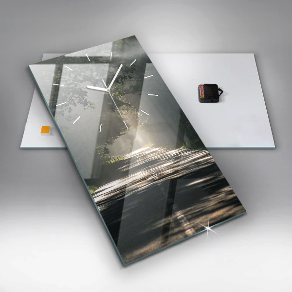 Vertikální nástěnné hodiny Lesní cesta a pruhy slunce