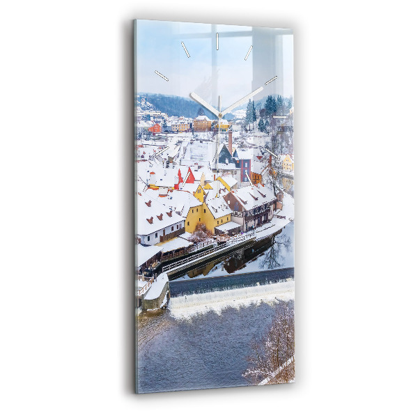 Vertikální skleněné hodiny Panorama města v zimě