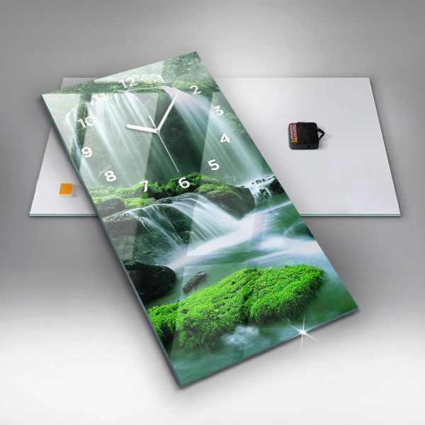 Vertikální skleněné hodiny Vodopád mezi mechem