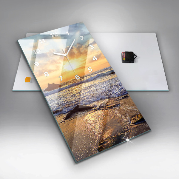 Vertikální skleněné hodiny Západ slunce na pláži