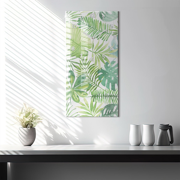 Vertikální skleněné hodiny Zelené listy