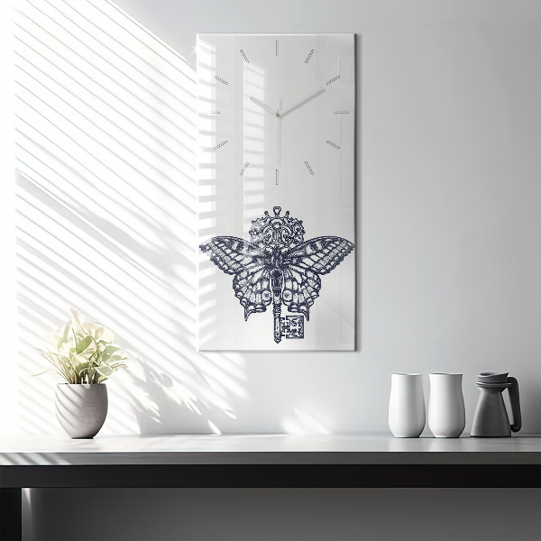 Vertikální skleněné hodiny Motýl a klíč - boho styl