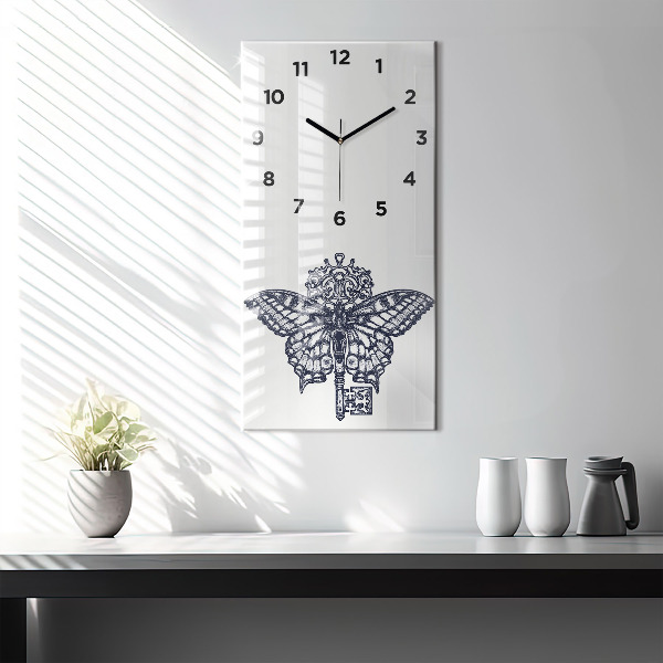 Vertikální skleněné hodiny Motýl a klíč - boho styl