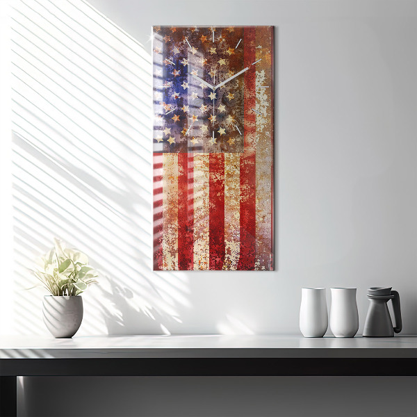 Vertikální skleněné hodiny Vlajka USA ve vintage stylu