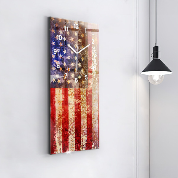 Vertikální skleněné hodiny Vlajka USA ve vintage stylu