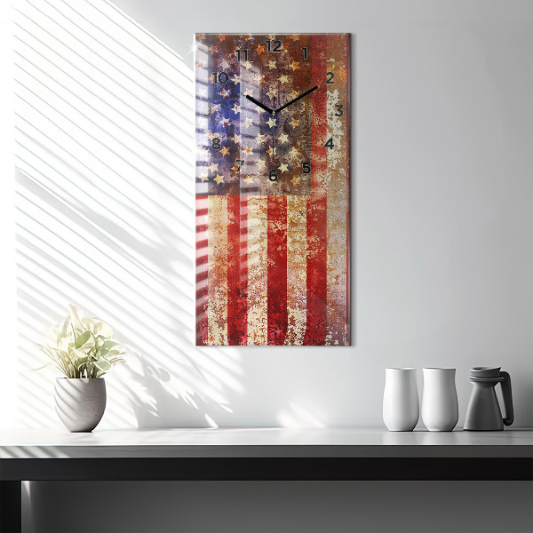 Vertikální skleněné hodiny Vlajka USA ve vintage stylu