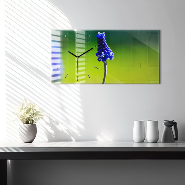 Horizontální hodiny na skle Modré květiny