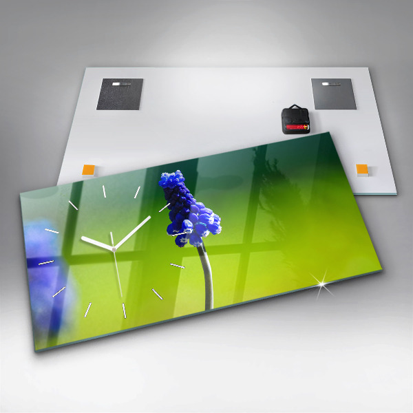 Horizontální hodiny na skle Modré květiny