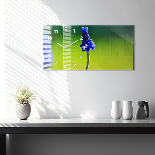Horizontální hodiny na skle Modré květiny