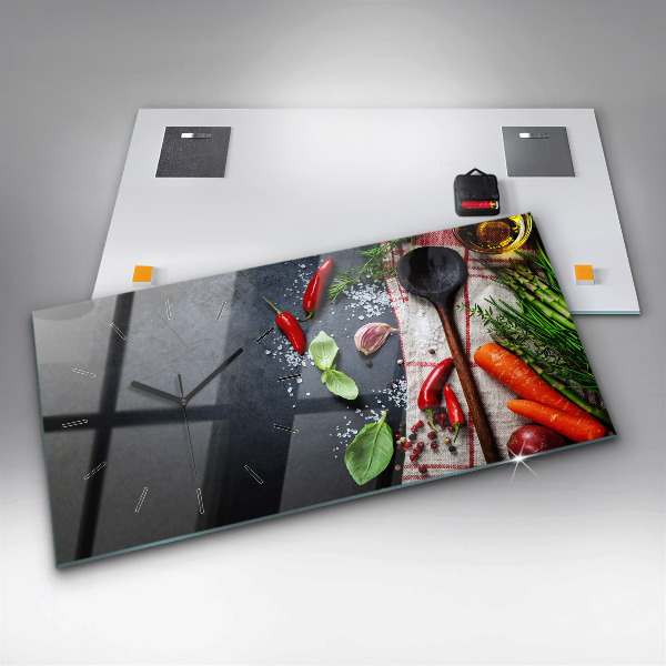 Horizontální hodiny na skle Zelenina