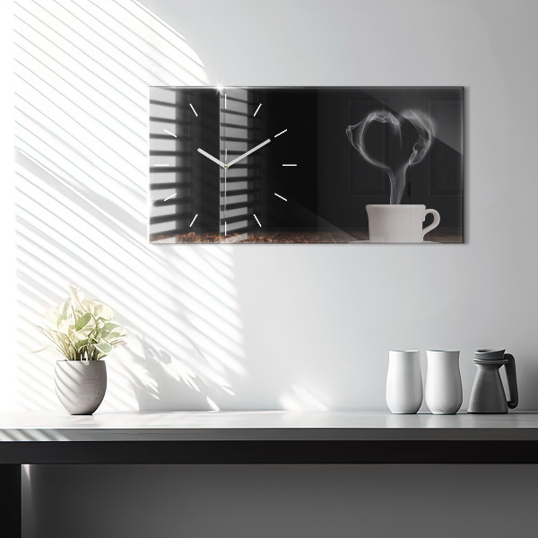 Horizontální hodiny na skle Šálek horké kávy