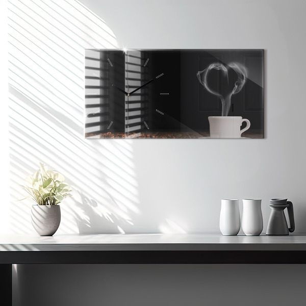 Horizontální hodiny na skle Šálek horké kávy