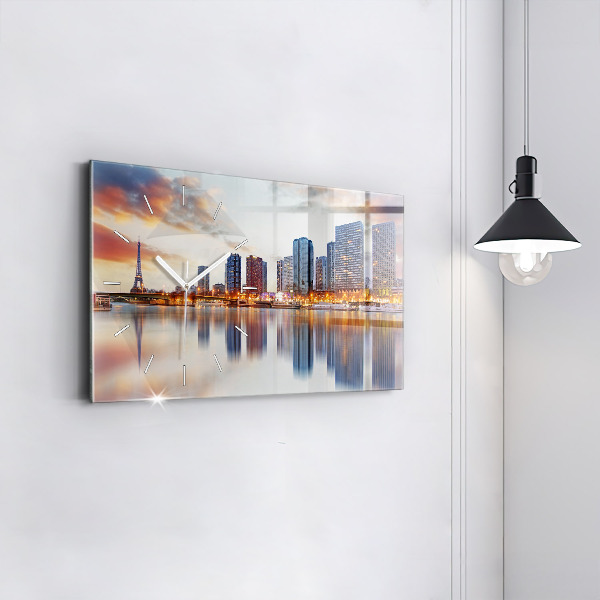 Horizontální skleněné hodiny na stěnu Panorama s Eiffelovou věží