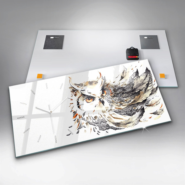 Horizontální hodiny na skle Sova symbol moudrosti