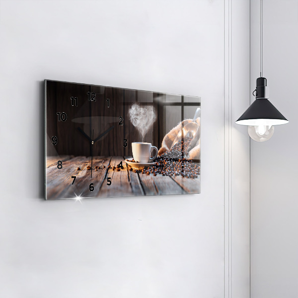 Horizontální hodiny na skle Šálek kávy