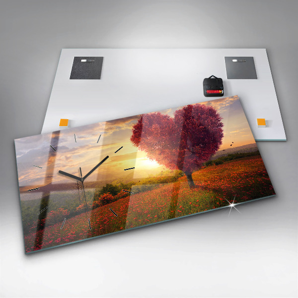 Horizontální hodiny na skle Strom se srdcem lásky