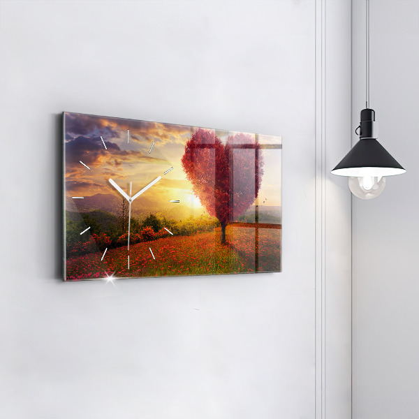 Horizontální hodiny na skle Strom se srdcem lásky