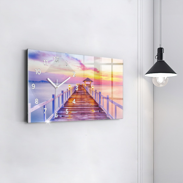 Horizontální hodiny na skle Most v přístavu večer