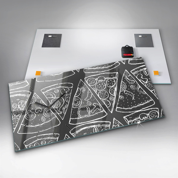 Horizontální skleněné hodiny na stěnu Malovaná pizza