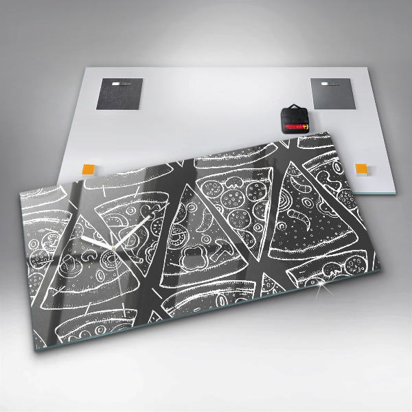 Horizontální skleněné hodiny na stěnu Malovaná pizza